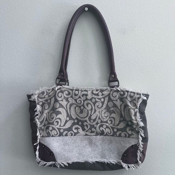 Myra Hairon Leather Canvas Leaf Print Western Boho Small Handbag Boho - Picture 1 of 12